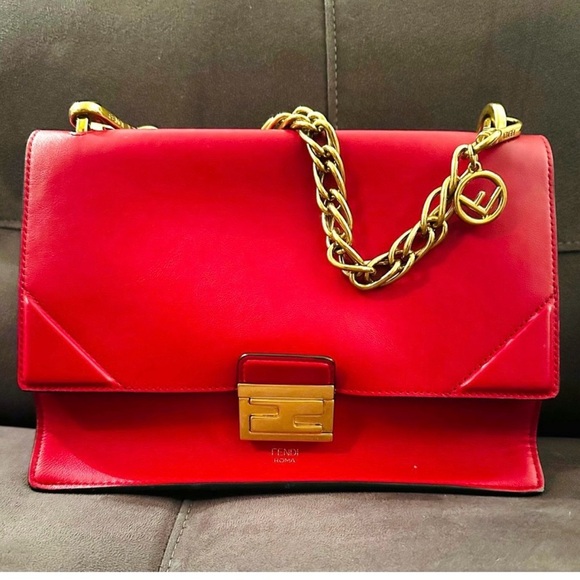 Fendi Handbags - Fendi Kan U Medium Shoulder Bag Red Calfskin Leather Gold Chain & Leather Strap